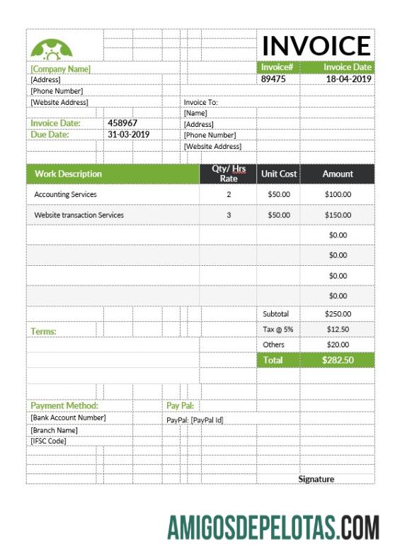 imprimível Exemplo de modelo de fatura por hora